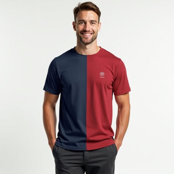 This athletic t-shirt in two tones, navy and maroon, looks great for any relaxed or active outfit and gives a modern touch.