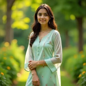 Pakistani girl wearing a light-colored 1-piece lawn summer suit, standing outdoors in a lush, green natural setting.