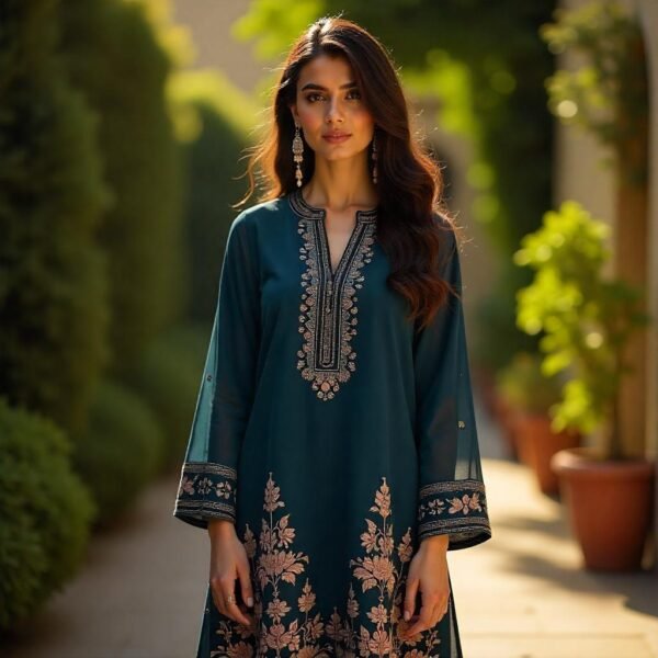 Woman in deep teal embroidered 2-piece suit posing outdoors with greenery and sunlight in the background.