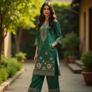 A Pakistani woman in a dark green 2Pc unstitched suit with intricate embroidery, standing confidently in a beautiful outdoor setting.