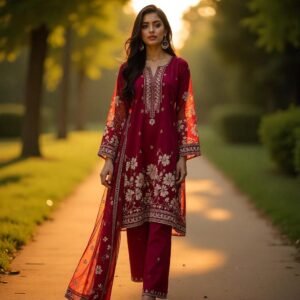 Pakistani woman in a dark maroon 3Pc unstitched summer suit with floral print, standing on a tree-lined path at sunset.
