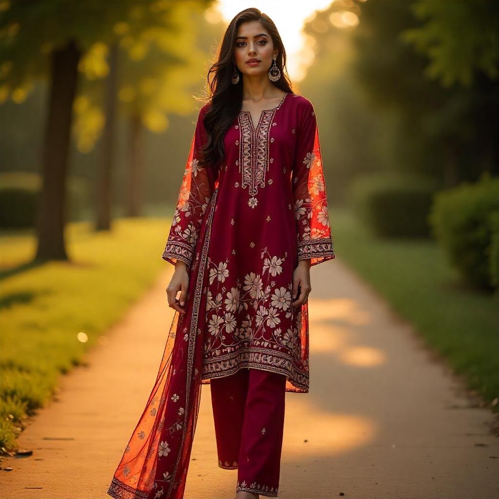 Pakistani woman in a dark maroon 3Pc unstitched summer suit with floral print, standing on a tree-lined path at sunset.